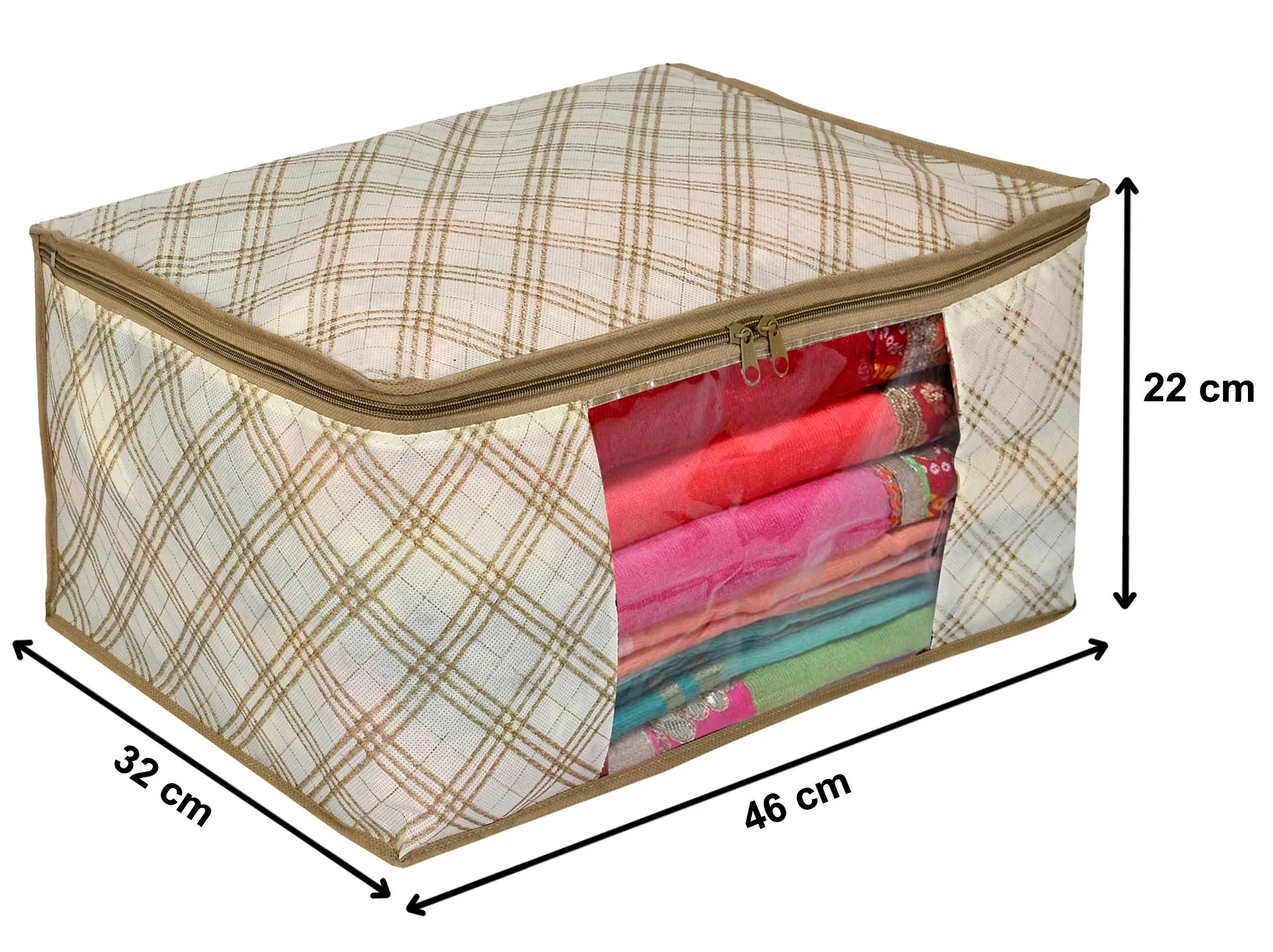 Heart Home Metalic Checkered Print 12 Piece Non Woven Fabric Saree Cover/Clothes Organiser For Wardrobe Set with Transparent Window, Extra Large (Ivory)-HHEART16513